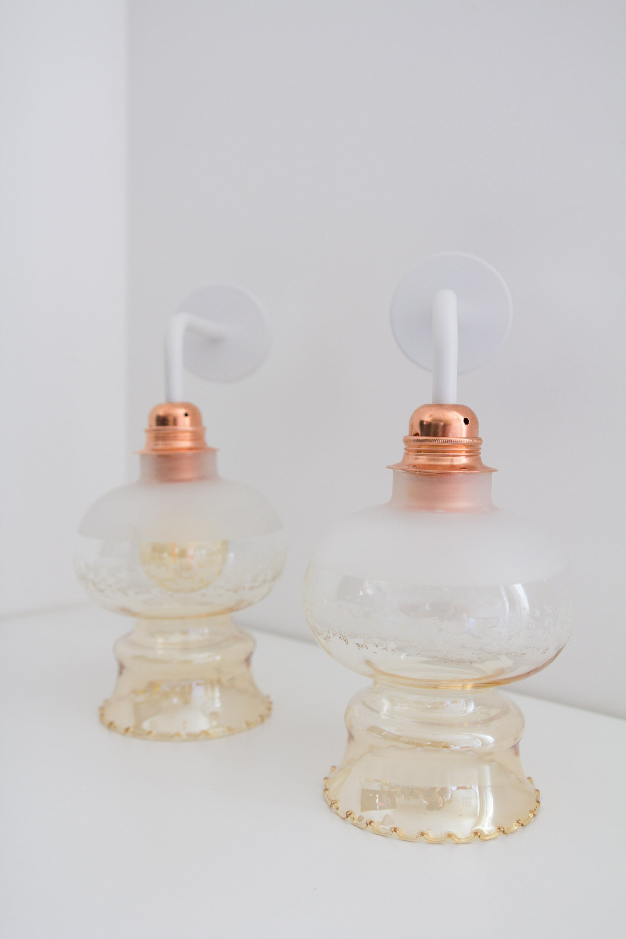Pair of Yugochic wall vintage lamps upcycled from mid-century glass lampshades