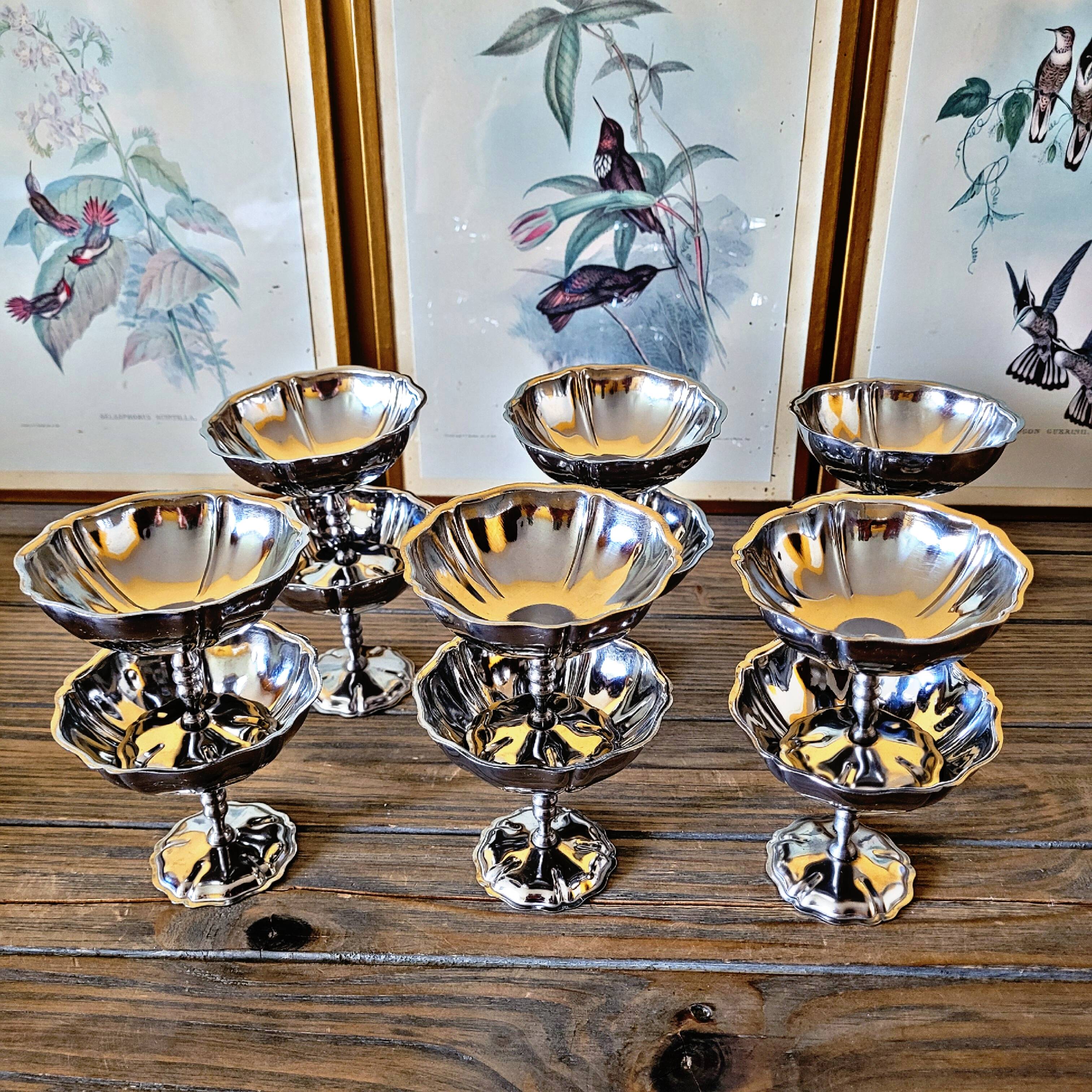6 vintage stainless steel ice cream cups, flower-shaped