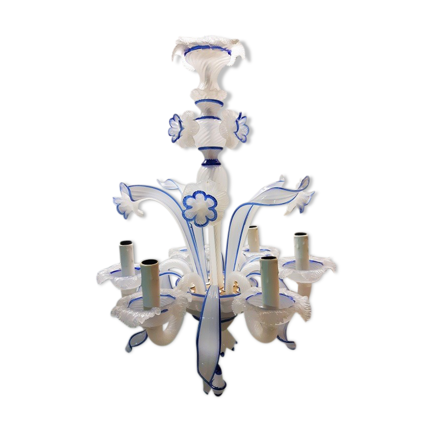 Murano chandelier in white Opaline with blue nets 6 full lights