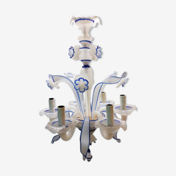 Murano chandelier in white Opaline with blue nets 6 full lights