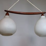 Ceiling lamp in opaline glass and teak by Uno & Östen Kristiansson, 1960s