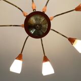 Scandinavian chandelier from the 60s in teak and opaline