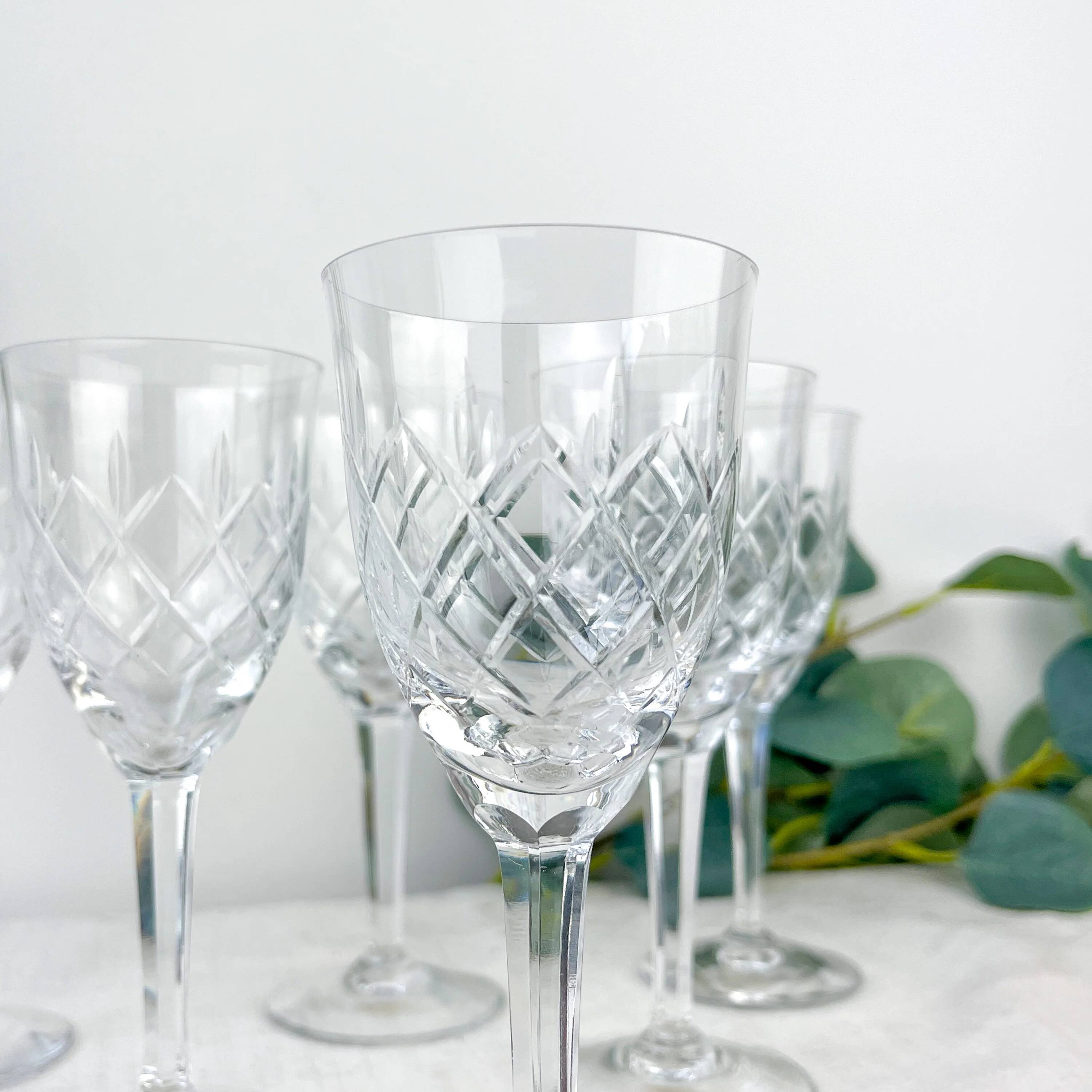 4 vintage cut crystal water glasses – Lorraine Lemberg Glassworks with original label (1950s–1970s)