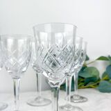 4 vintage cut crystal water glasses – Lorraine Lemberg Glassworks with original label (1950s–1970s)