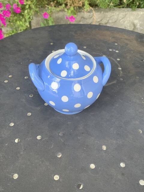 Lavender blue earthenware tea service with white polka dots from Digoin Sarreguemines.