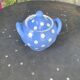 Lavender blue earthenware tea service with white polka dots from Digoin Sarreguemines.