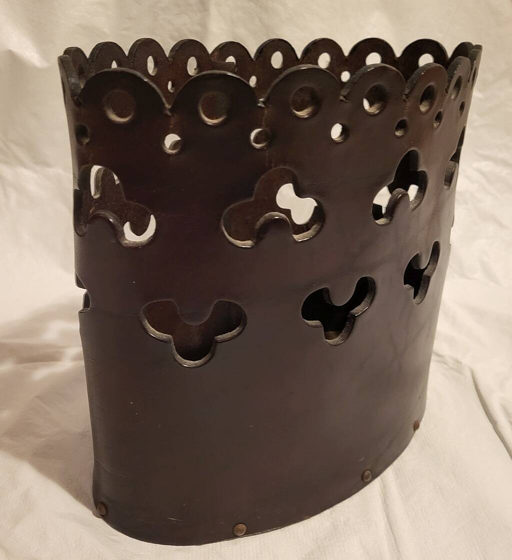 Vintage Magazine Rack Holder Waste Basket Cut Work Brown Leather Oval Shape