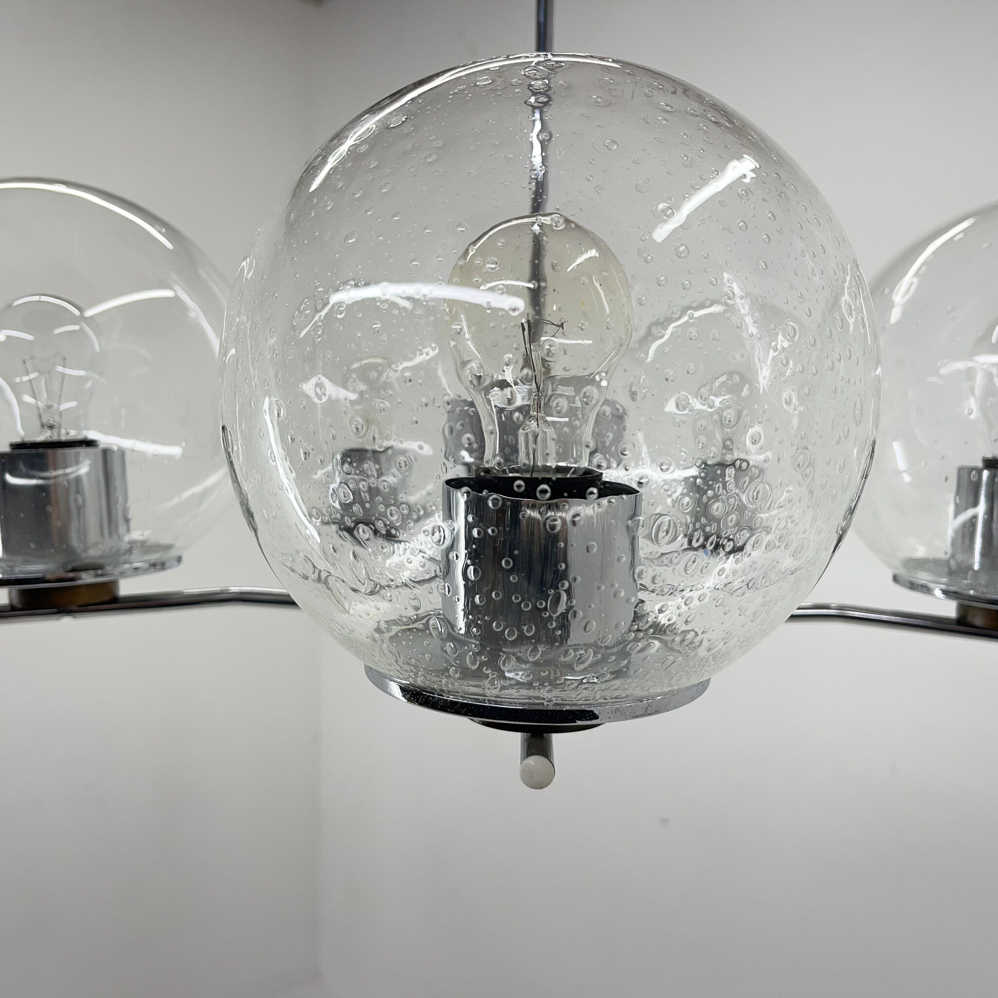 1970's Chrome & Clear Bubble Glass Five-Arm Chandelier