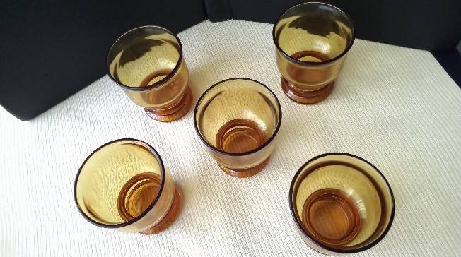 5 vintage amber glass goblets