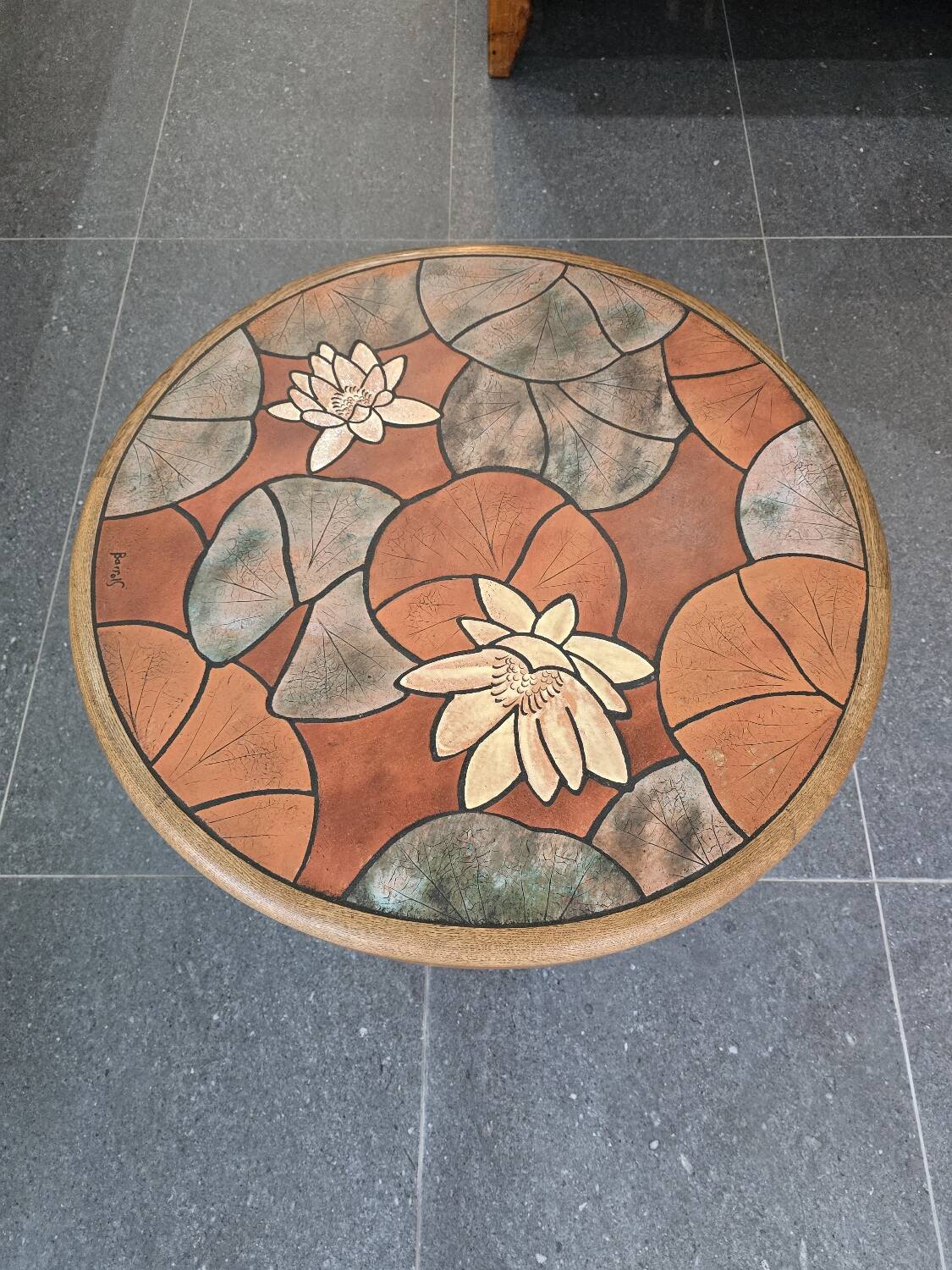 Vintage coffee table - Signed Barrois in glazed ceramic and wood - Déc