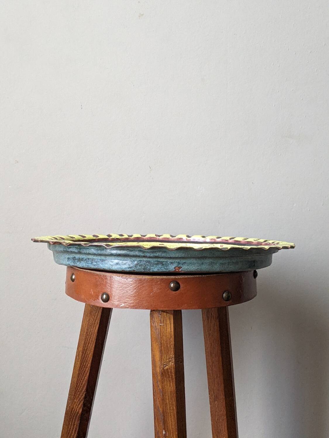 Extra-large enameled copper tray or catchall with ethnic tribal decoration.