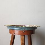 Extra-large enameled copper tray or catchall with ethnic tribal decoration.