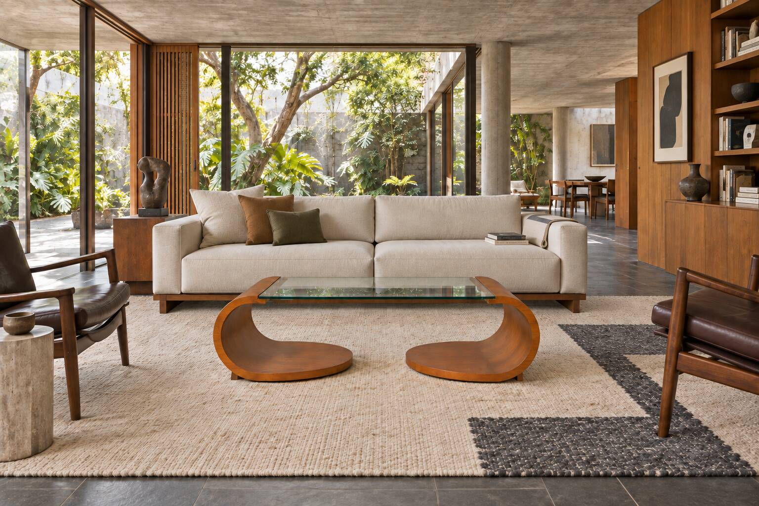 Sculptural coffee table in wood and glass — circa 1970