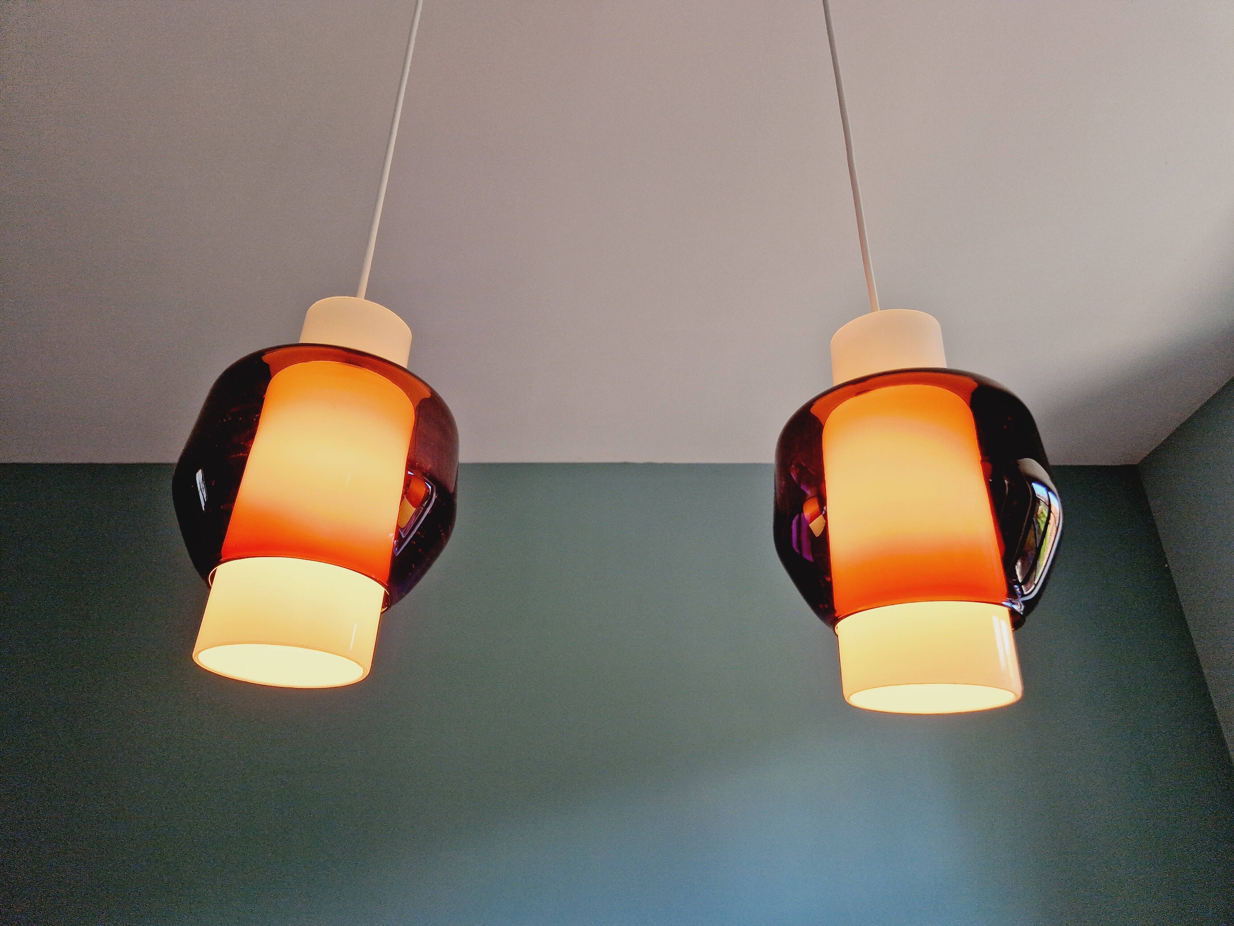 Scandinavian double pendant light in white opaline and amethyst glass, 1960s
