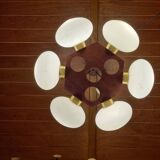 Scandinavian teak and white opaline chandelier with 6 lights from the 70s