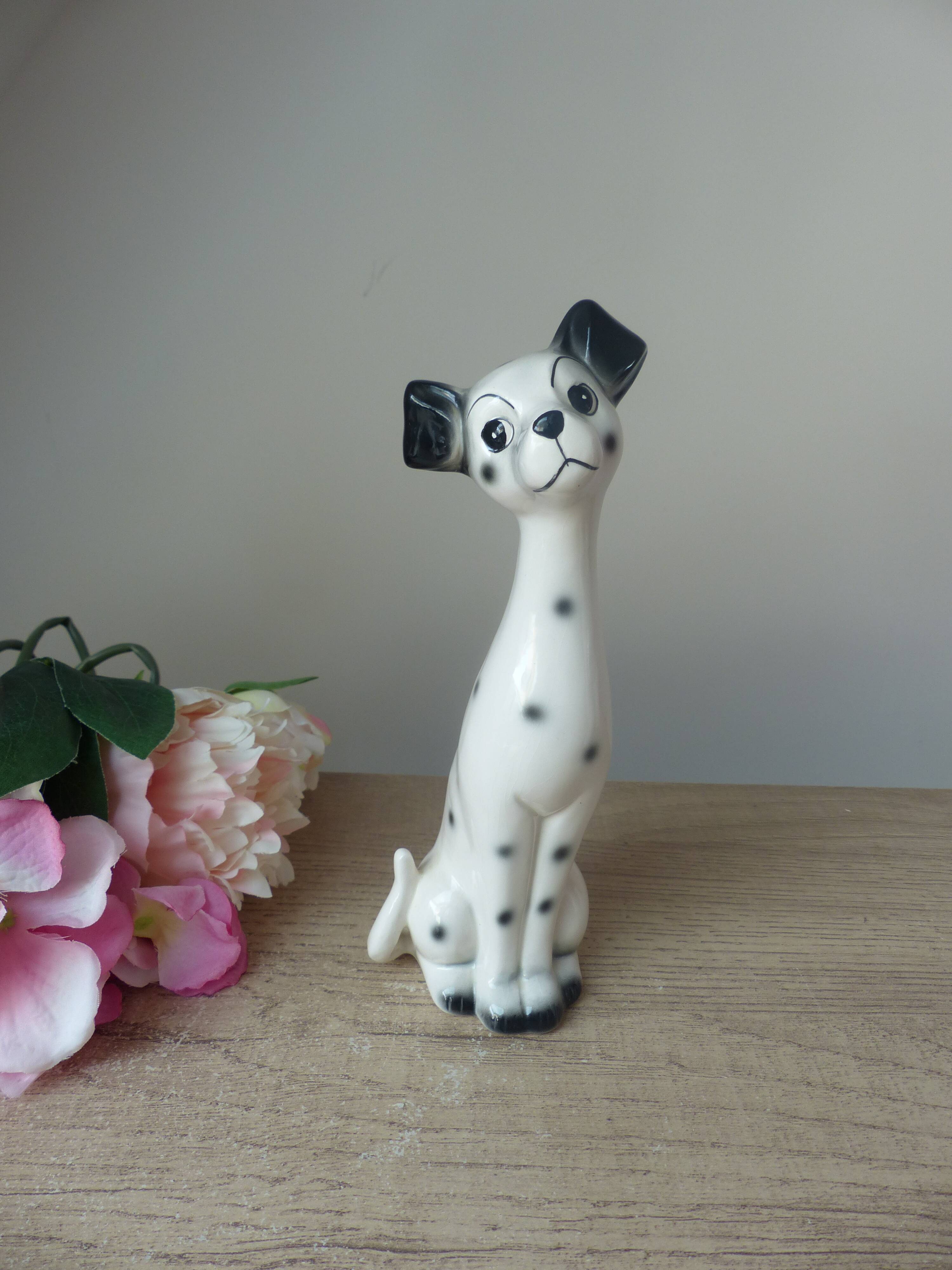 Romantic ceramic Dalmatian dog statuette, vintage decorative dog from the 1970s