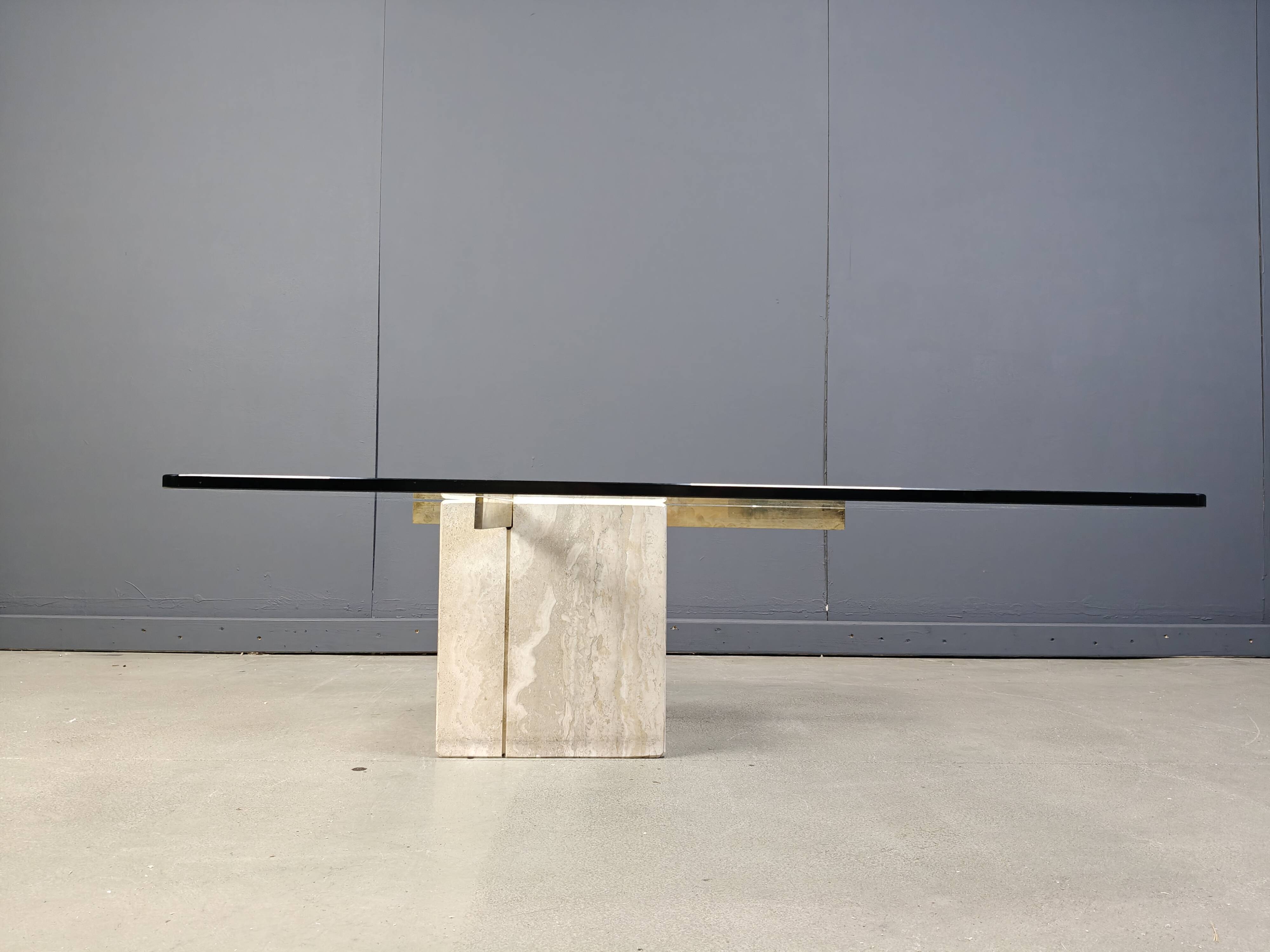 Travertine and brass coffee table by Artedi, 1980s