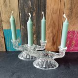 Pair of vintage clear glass candelabras, 2 branches, 1960s