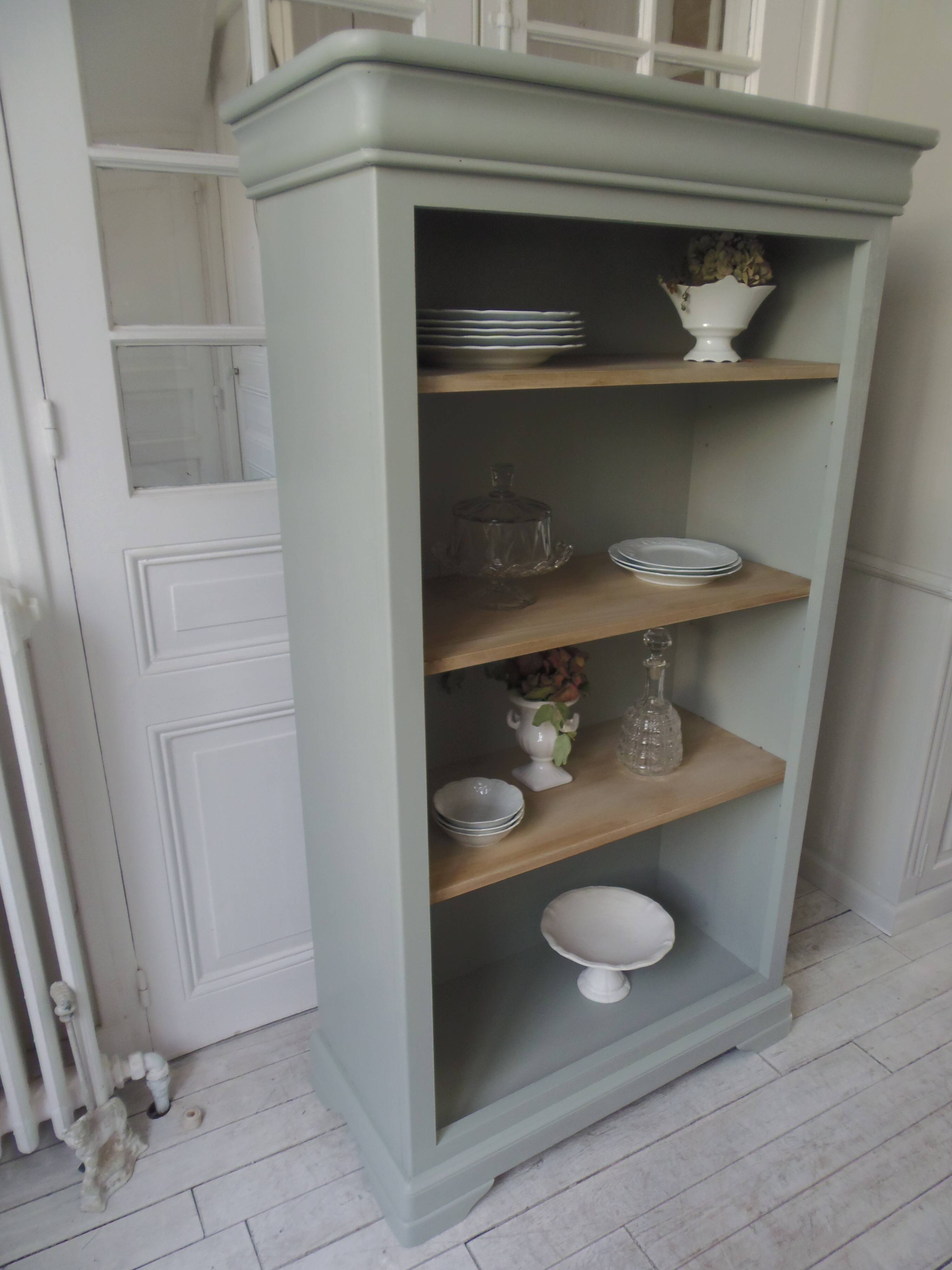 Louis Philippe style bookcase reenchanted in verdigris, 3 light oak waxed shelves.