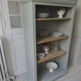 Louis Philippe style bookcase reenchanted in verdigris, 3 light oak waxed shelves.