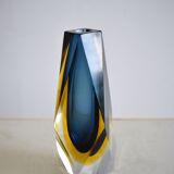 Midcentury faceted Murano glass strong blue and yellow sommerso vase