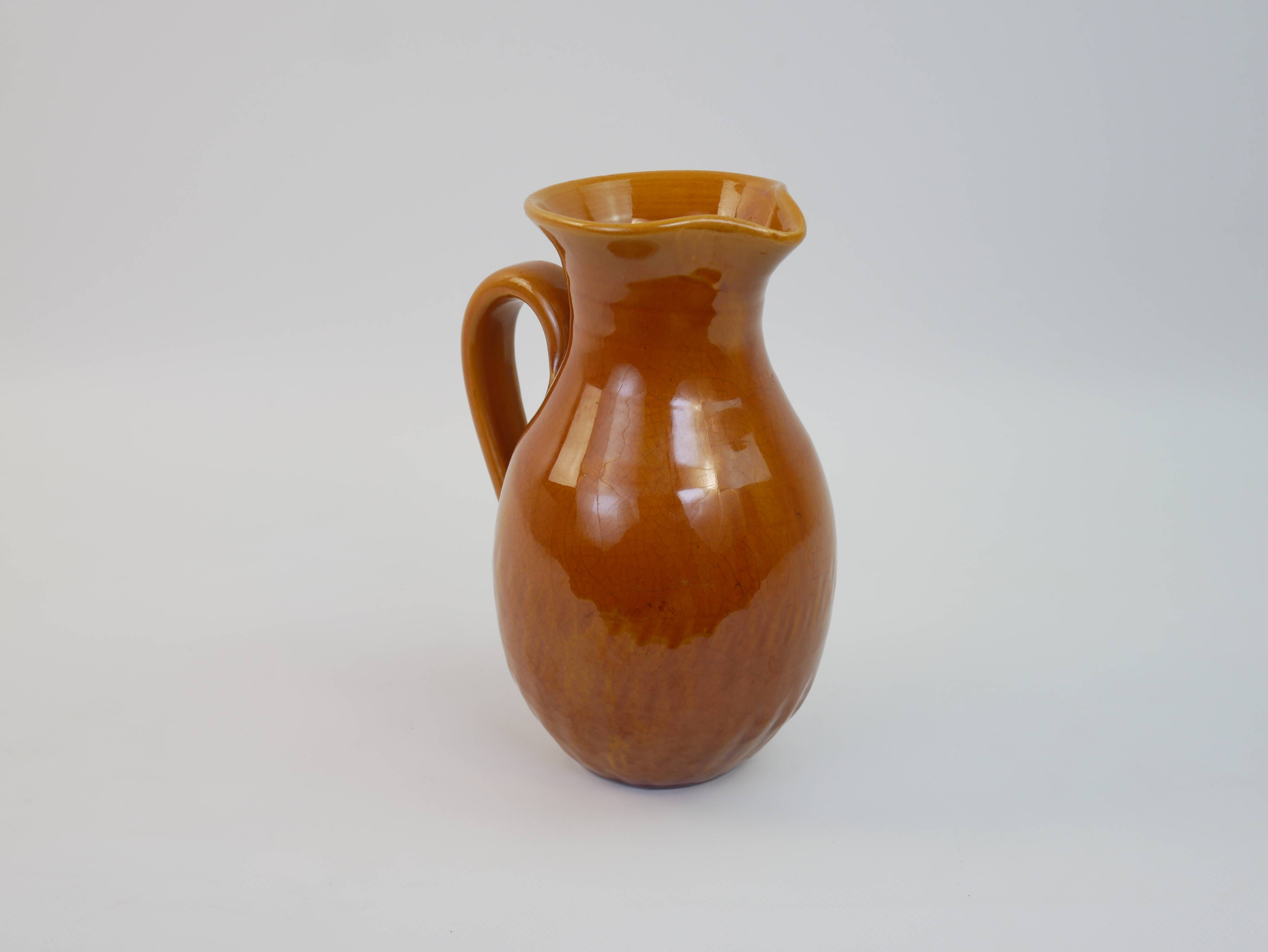 Yellow ochre ceramic pitcher signed Félix Céram Vallauris circa 1960