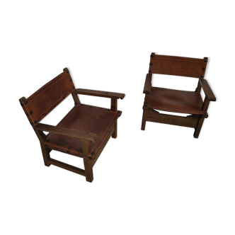 Pair of Spanish vintage leather armchairs 1920/1930