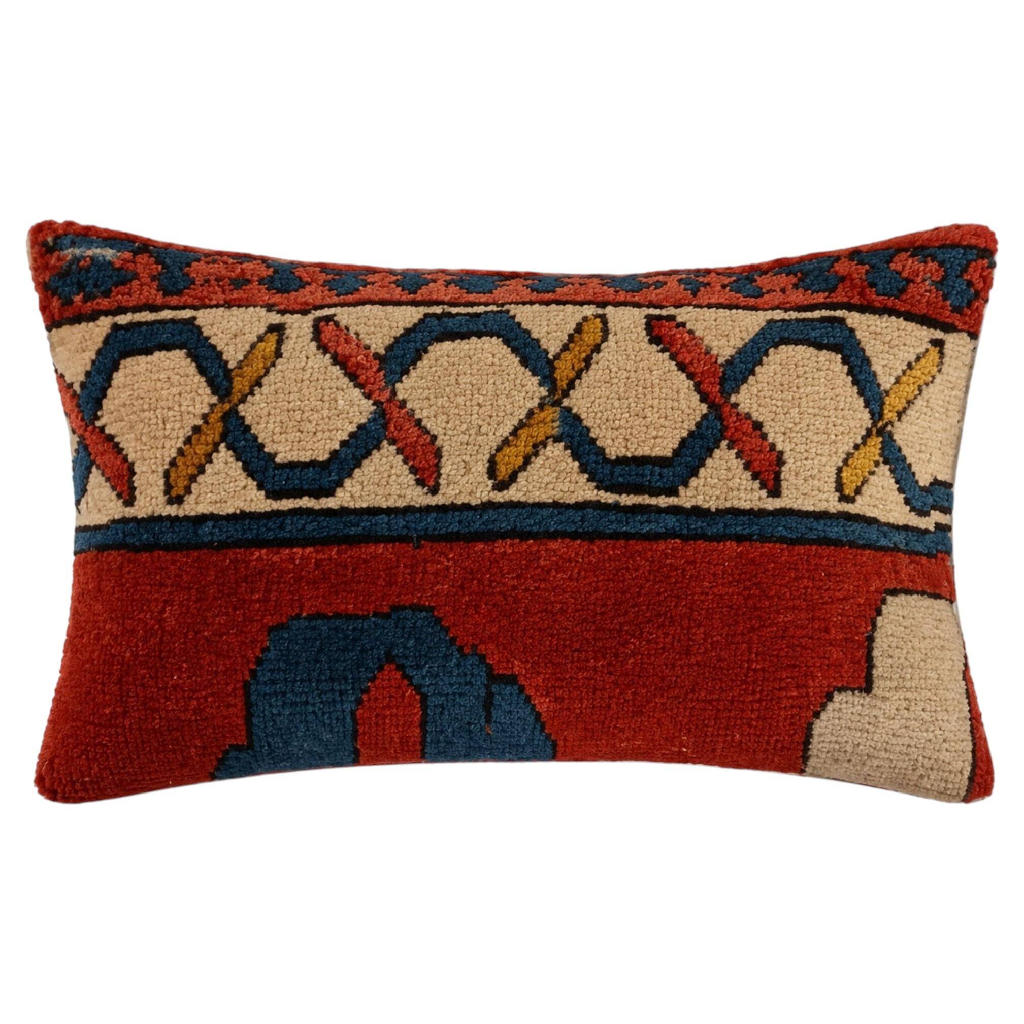 Vintage Cushion Cover in Long Pile Carpet, Turkish Geometric Pattern, 30 x 50 cm
