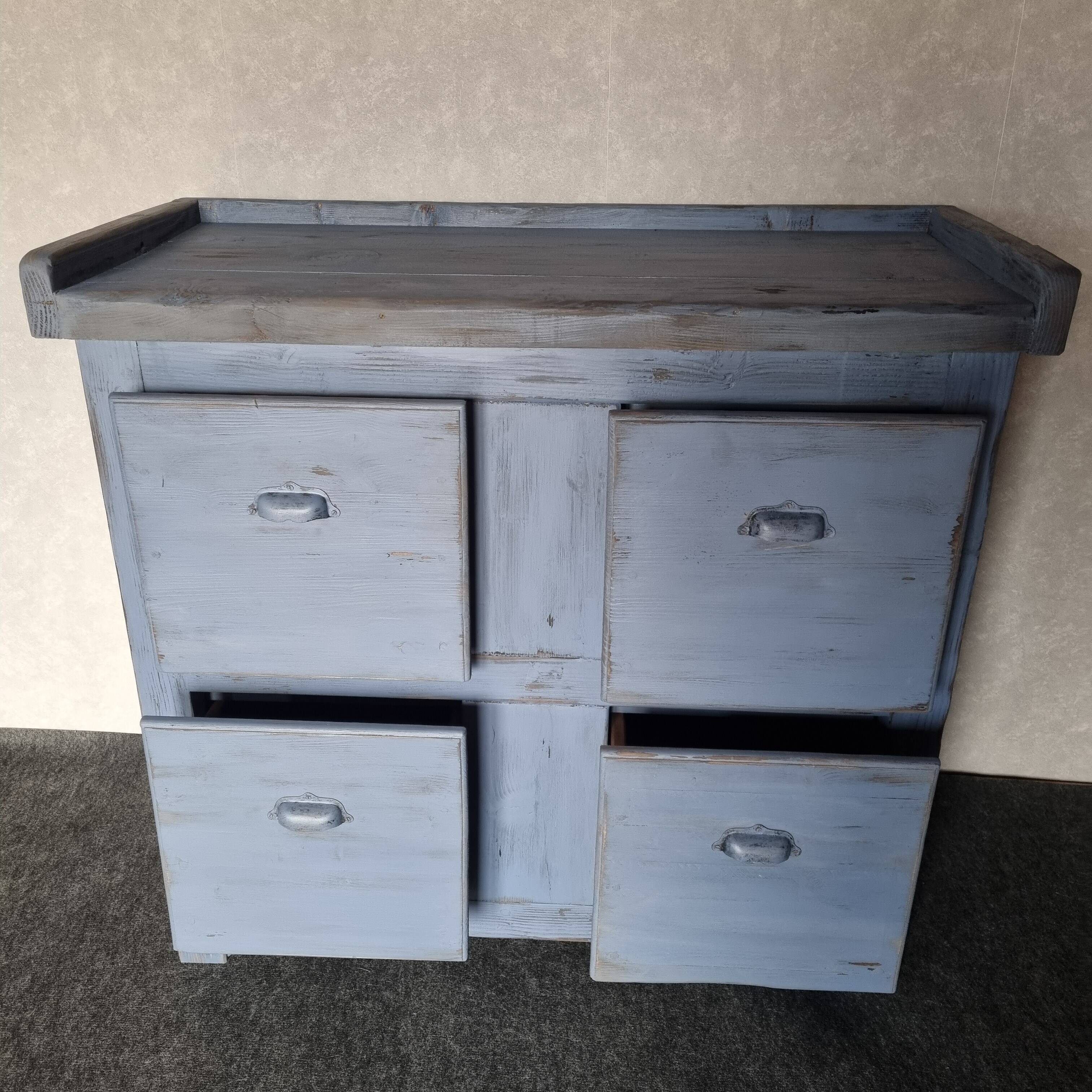 Meuble de metier établi années 40 patiné bleu