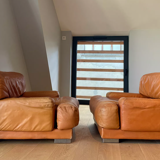 Pair of vintage armchairs Gérard Guermonprez tawny leather and stainless steel, France 1970