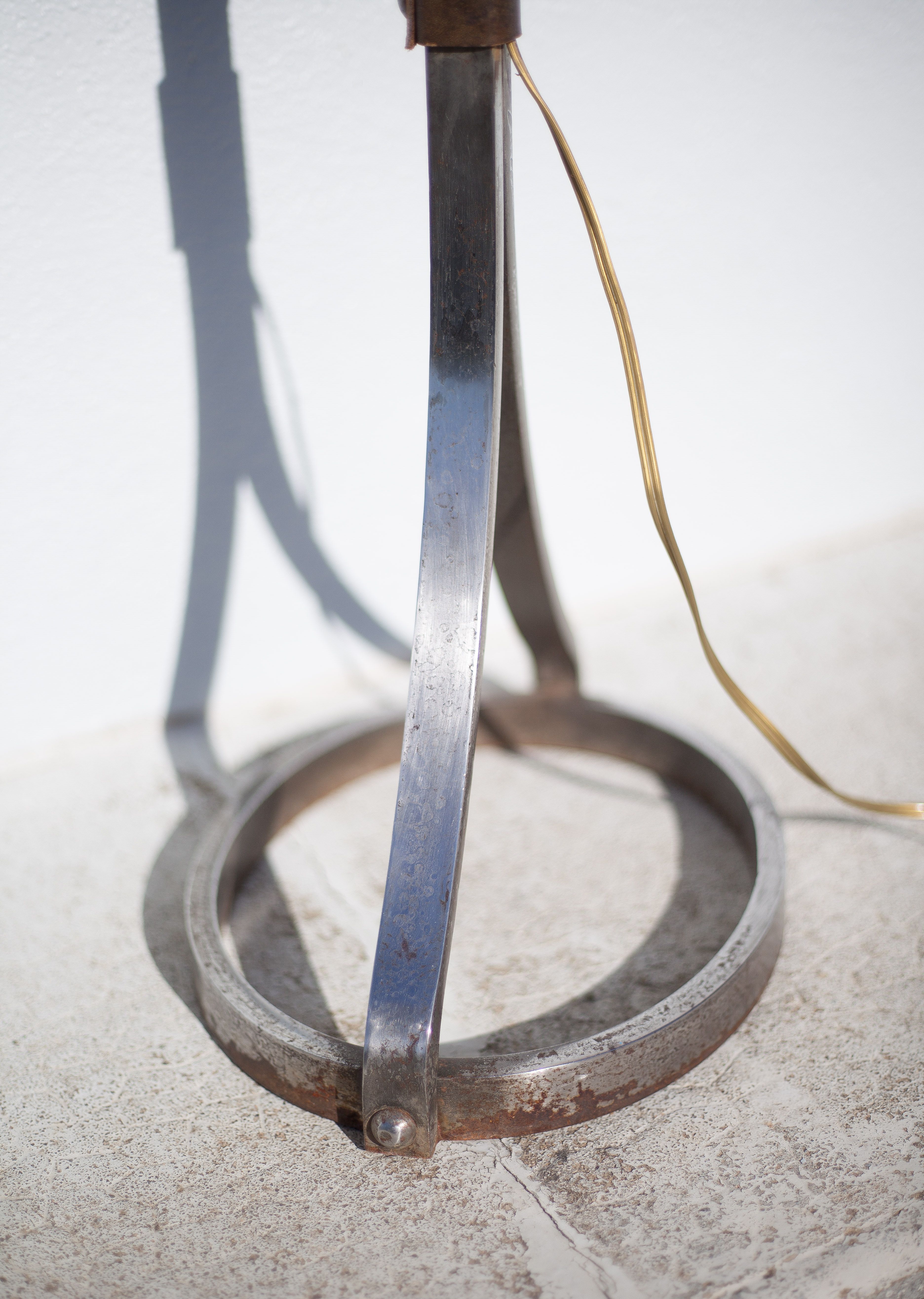 Wrought iron floor lamp Ryckaert JP, Wrought iron and leather floor lamp, living room lamp, 60's