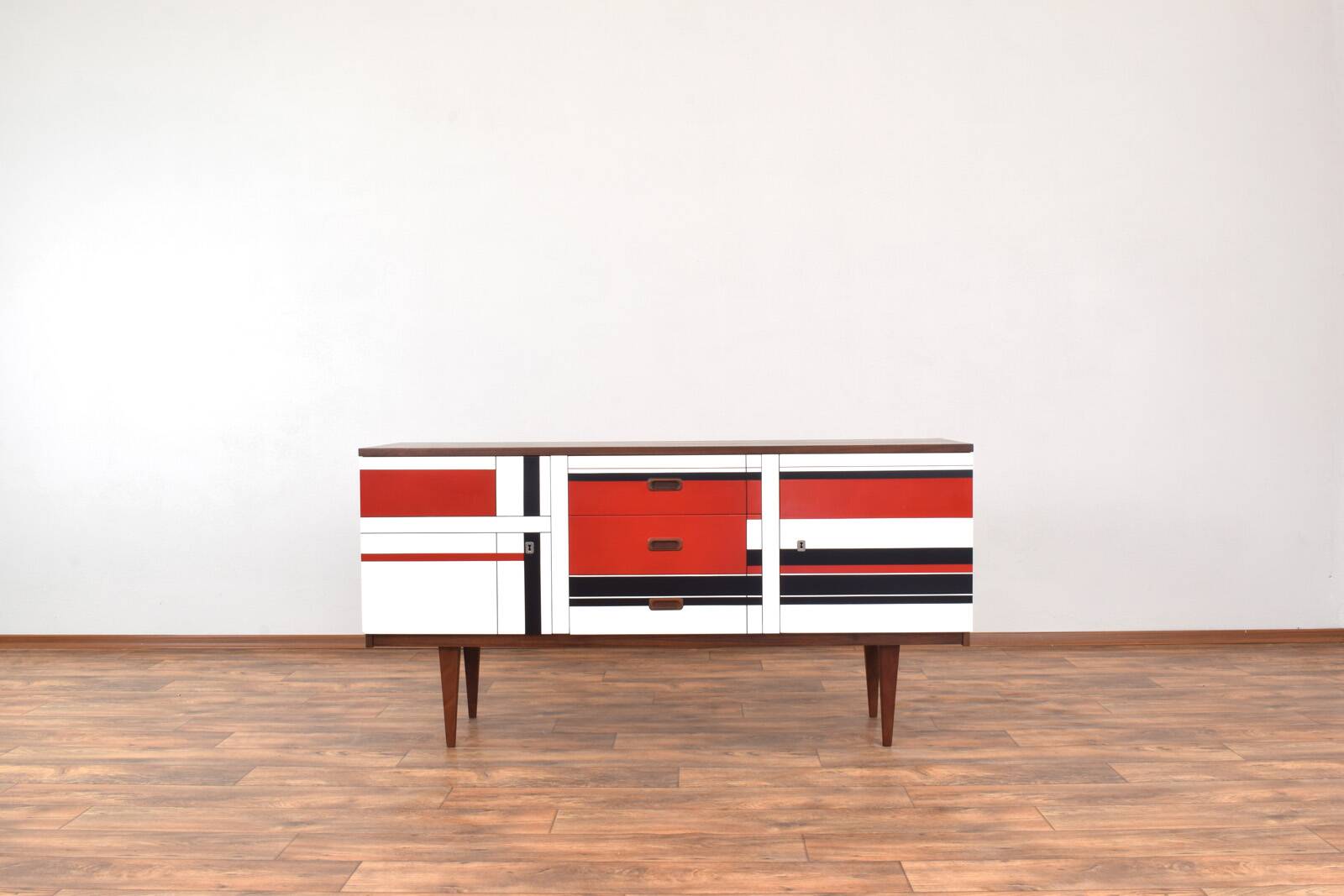 Mid-Century Walnut Sideboard with Hand-Painted Pattern, 1960s.