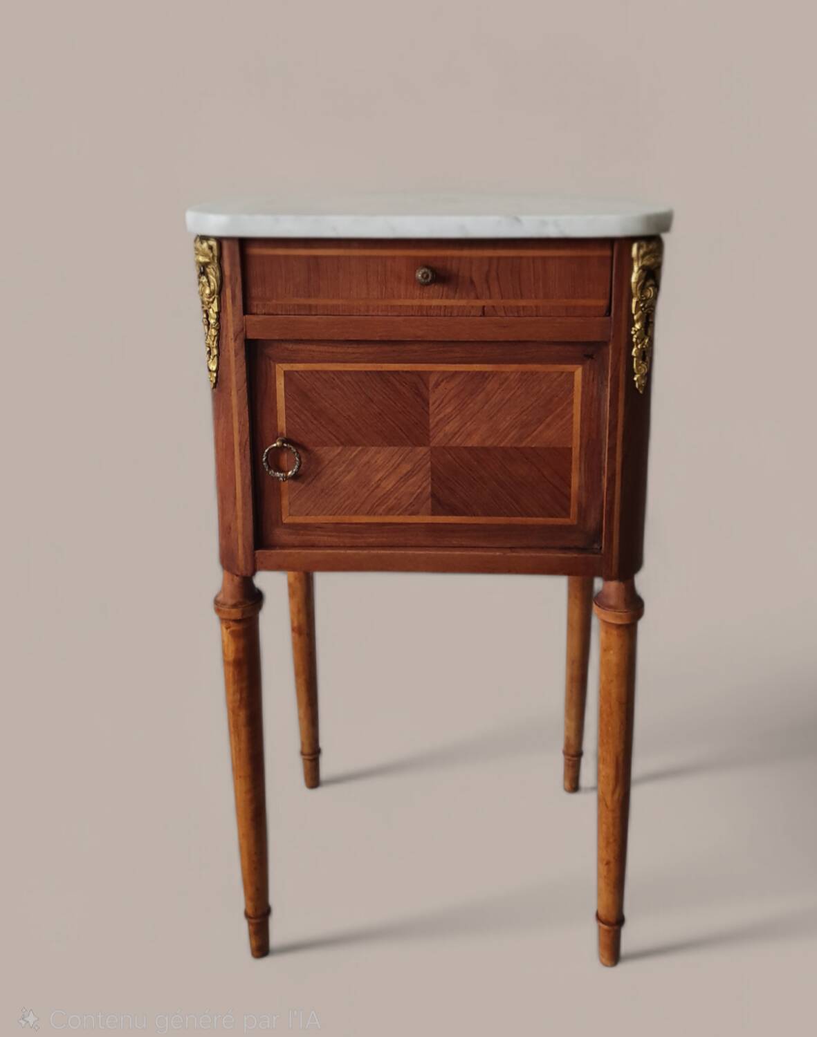 Table d’appoint Louis XVI marqueterie - Marbre et décors bronze doré