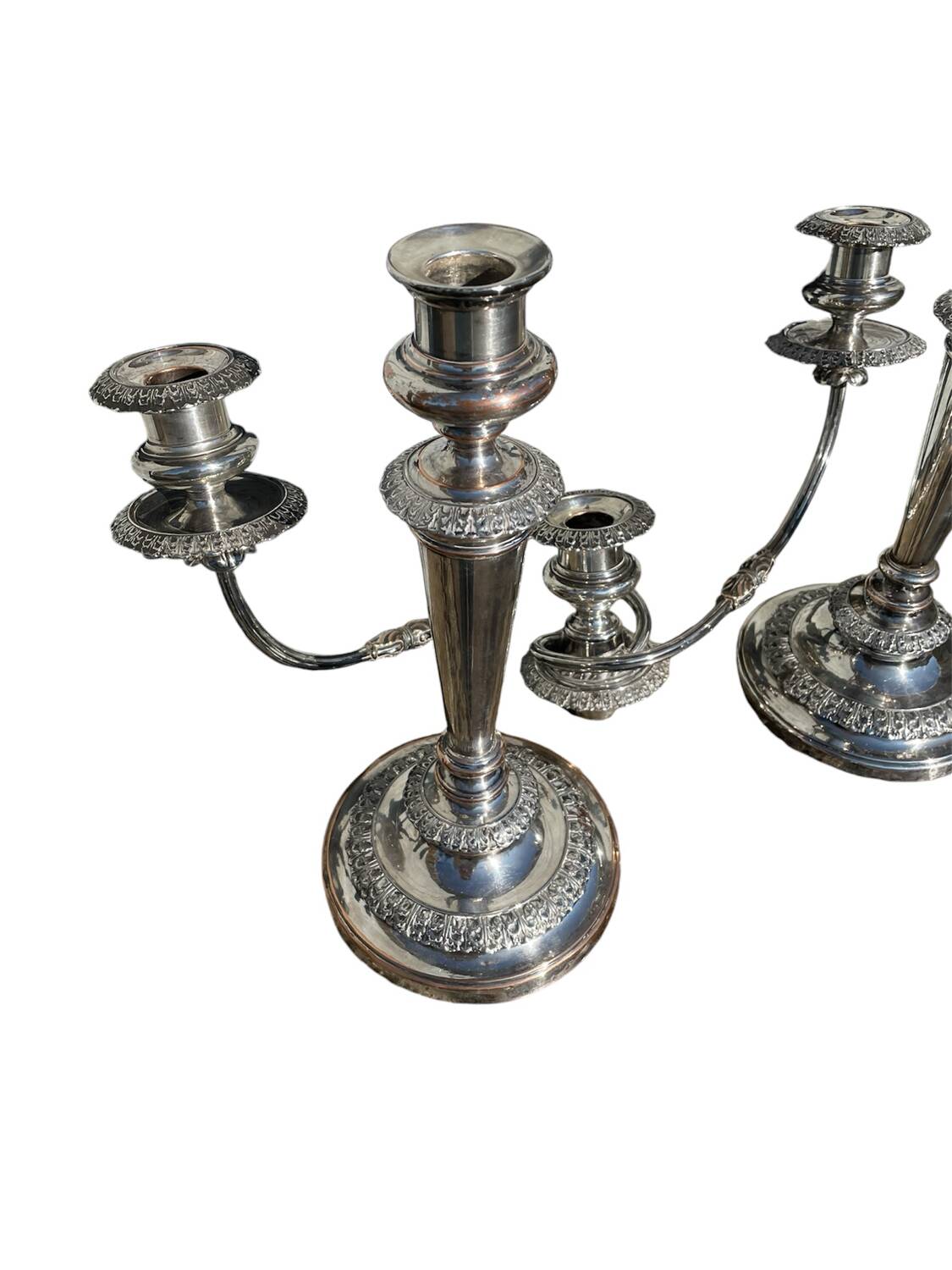 Pair of convertible three-light candelabra in silver-plated metal.
