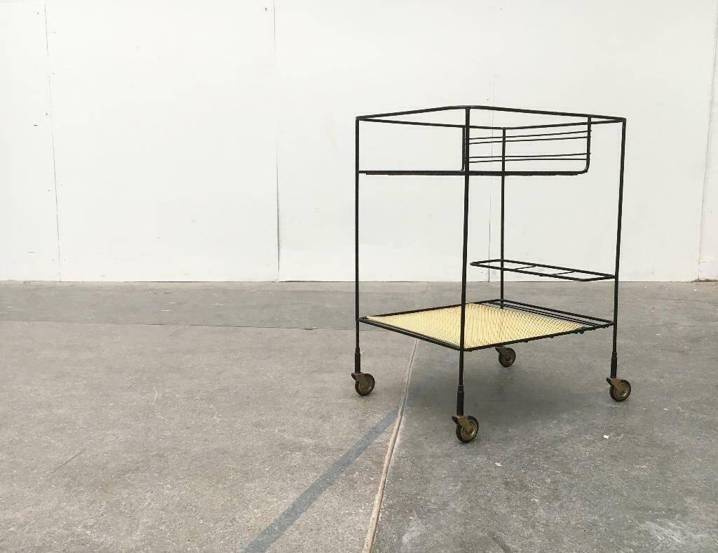 Minimalist perforated metal serving trolley in mid-century style, 1960s.