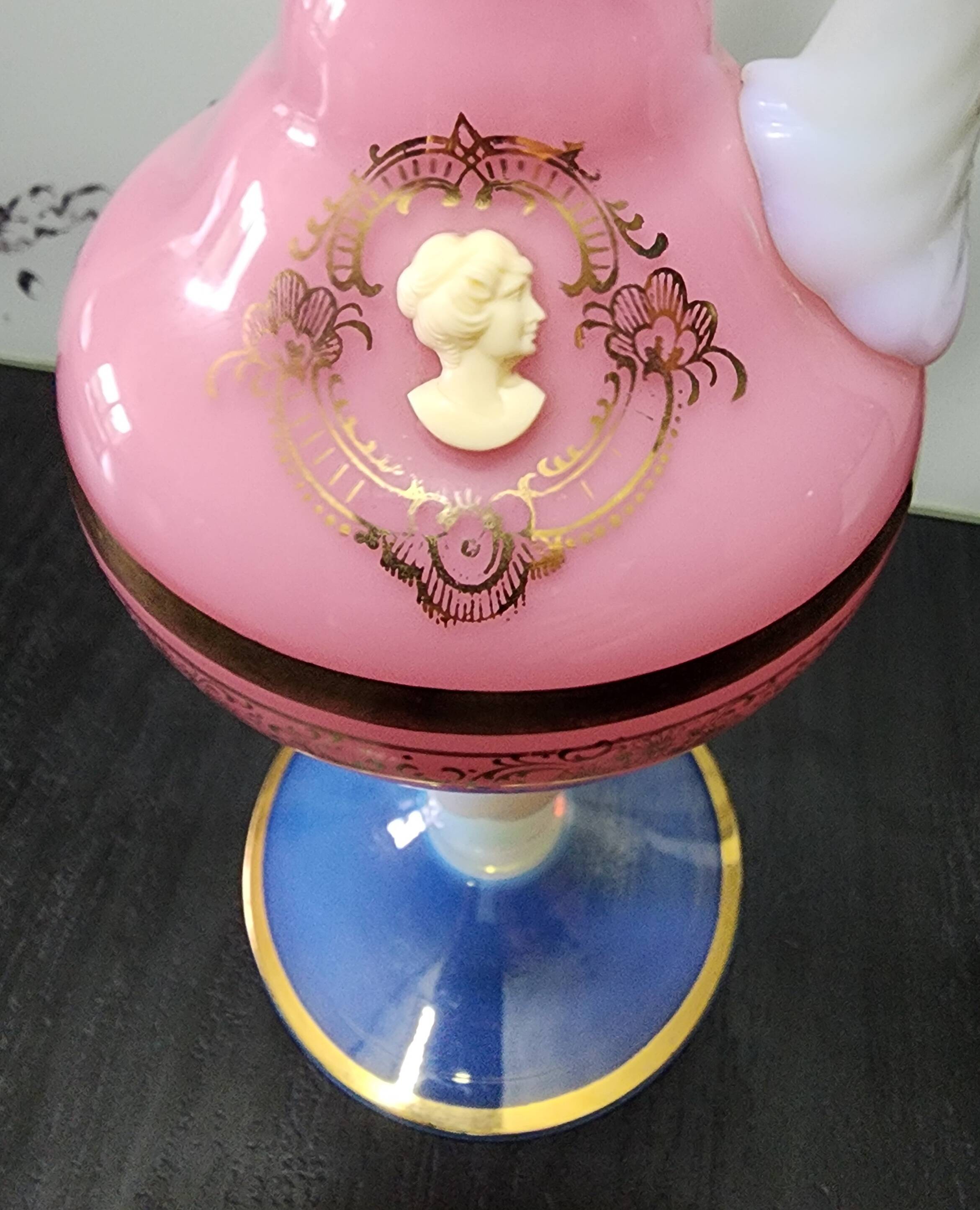 Vintage ewer vase opaline glass pink / blue and gold