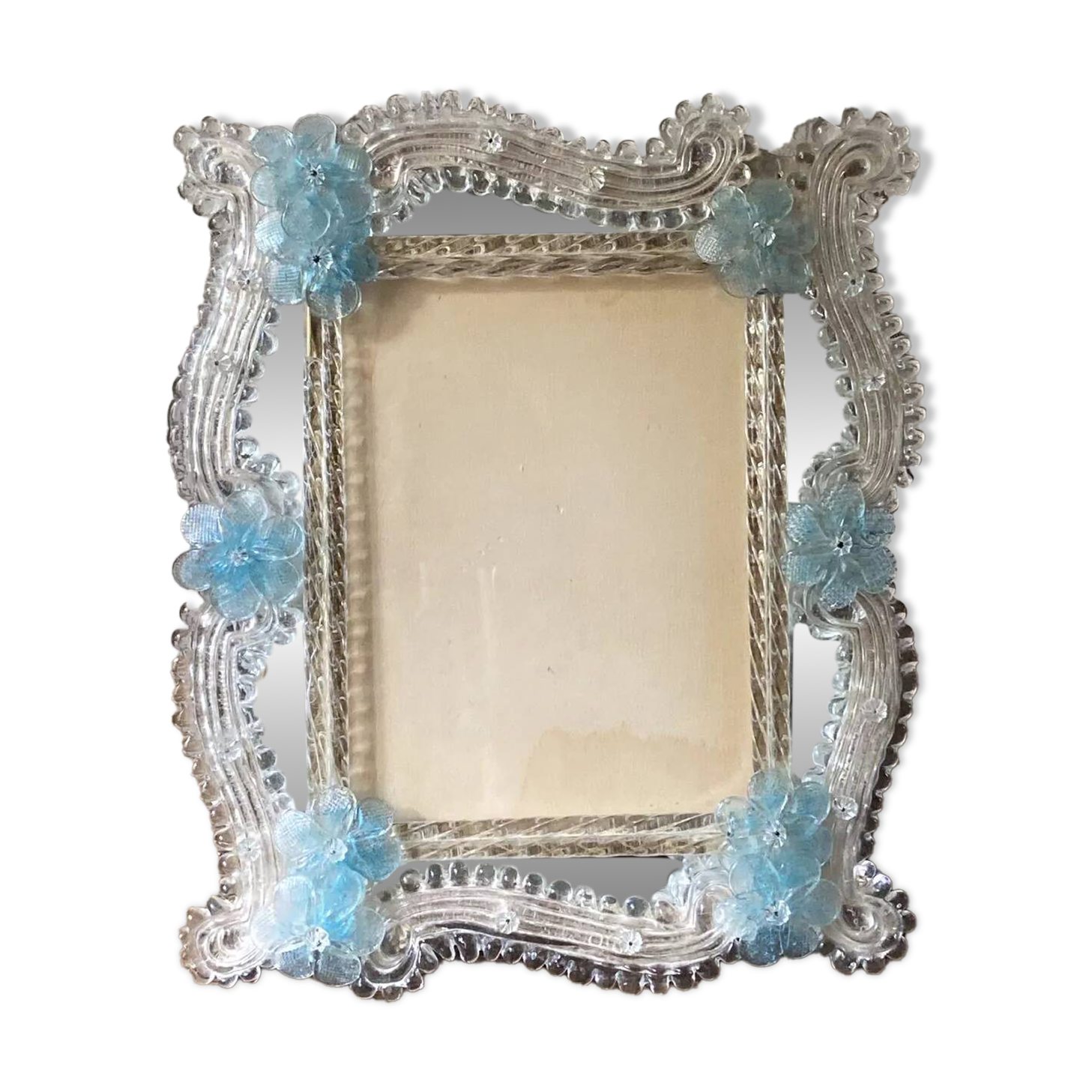 Miroir rectangulaire en verre de Murano aux fleurs bleues – Années 50