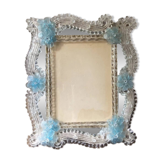 Miroir rectangulaire en verre de Murano aux fleurs bleues – Années 50