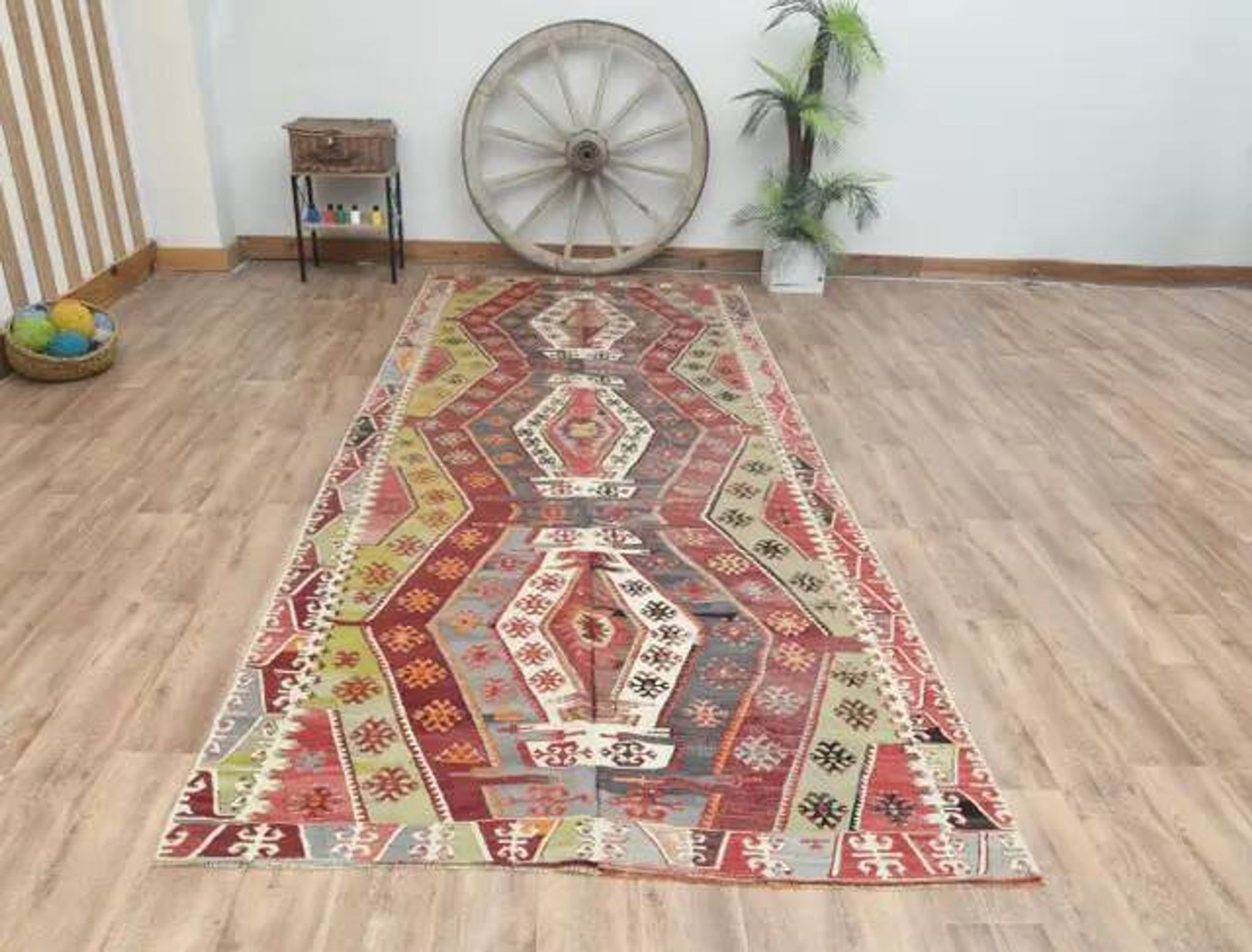 1970s Vintage Turkish Handmade Wool Cotton Colorful Kilim Rug 157x365