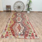 1970s Vintage Turkish Handmade Wool Cotton Colorful Kilim Rug 157x365