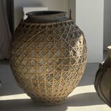 Immense light grey antique-style pot with a crosshatch lid and handles.