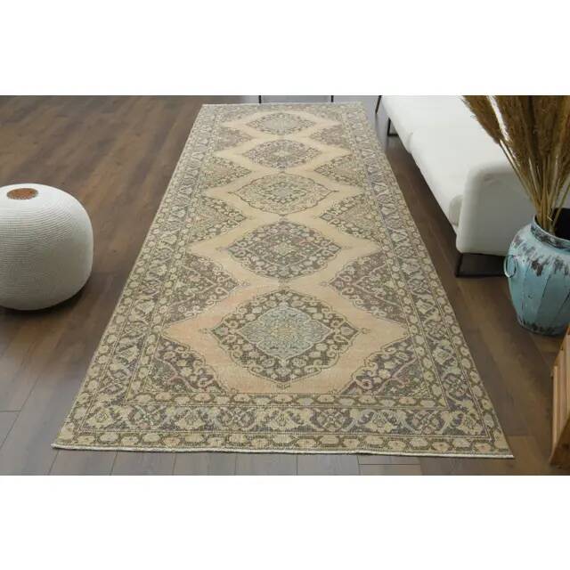 1970s Vintage Turkish Oushak Handmade Wool Cotton Orange Runner Rug 147x386