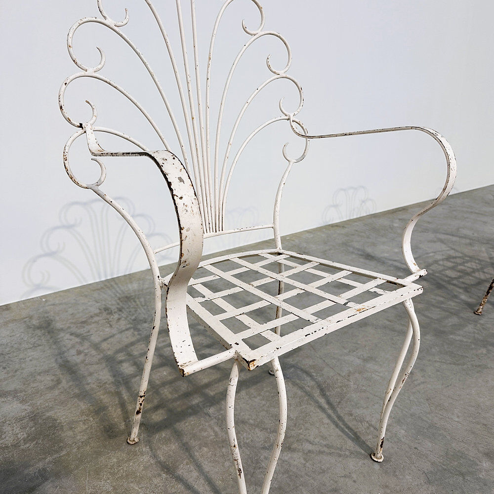 Rare exquisite set of six French peacock garden patio chairs, 1950s