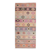 Tapis coureur kilim vintage turc Oushak fait à la main en laine et coton vert 129x297