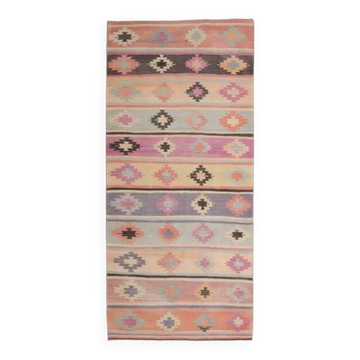 Tapis coureur kilim vintage turc Oushak fait à la main en laine et coton vert 129x297