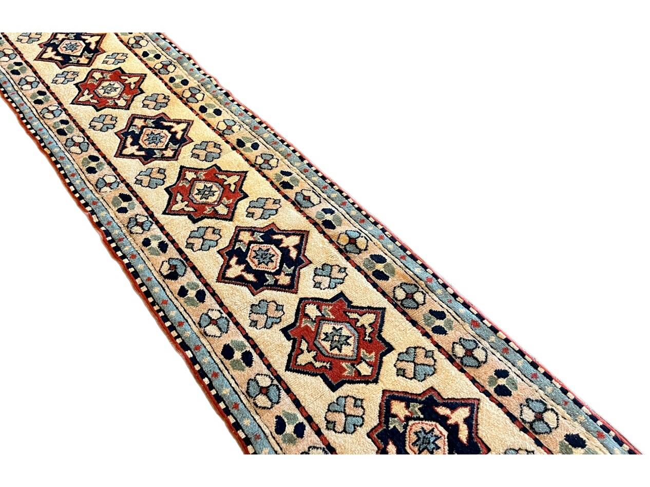 Baby Blue and Beige Long Vintage Hallway Runner