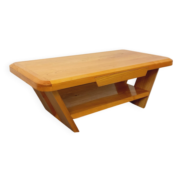 Table basse rectangulaire brutaliste vintage en orme massif en orme