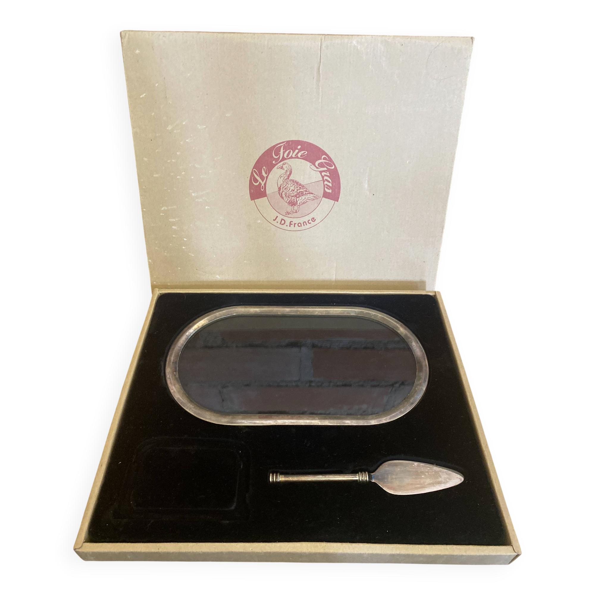 Foie gras service jd france platter + silver metal spatula + vintage glass