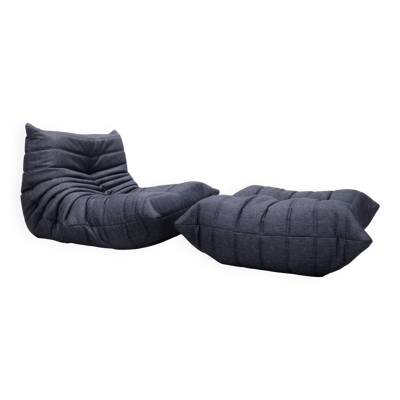 Ligne Roset Togo - fauteuil 1 place et pouf - tissu à rayures bleues