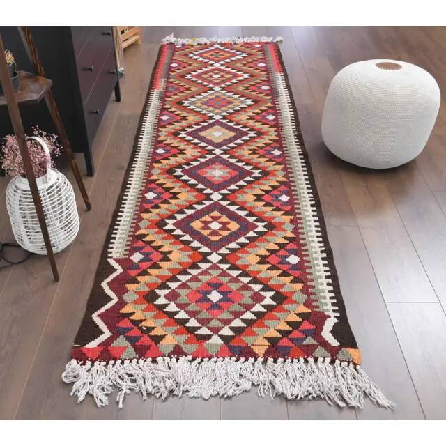 1970s Vintage Turkish Hand-Knotted Wool Cotton Red Runner Rug 89x294